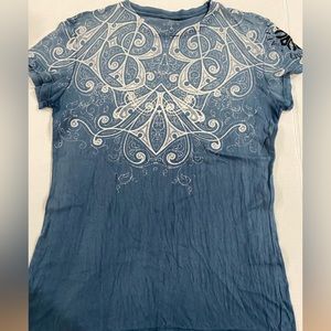 Affliction women blue cross with angel wings size m